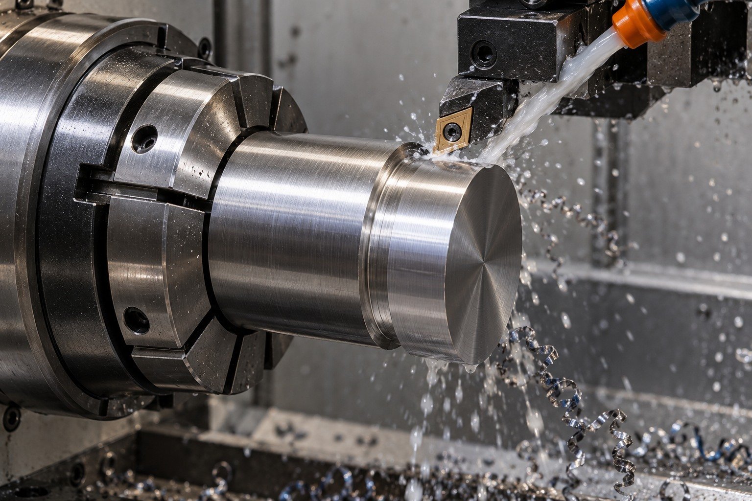 Short broad headed cylindrical tooling blank held securely in collet, carbide tool cuts its stout mounting shoulder with localized coolant. — illustrative generated component concept