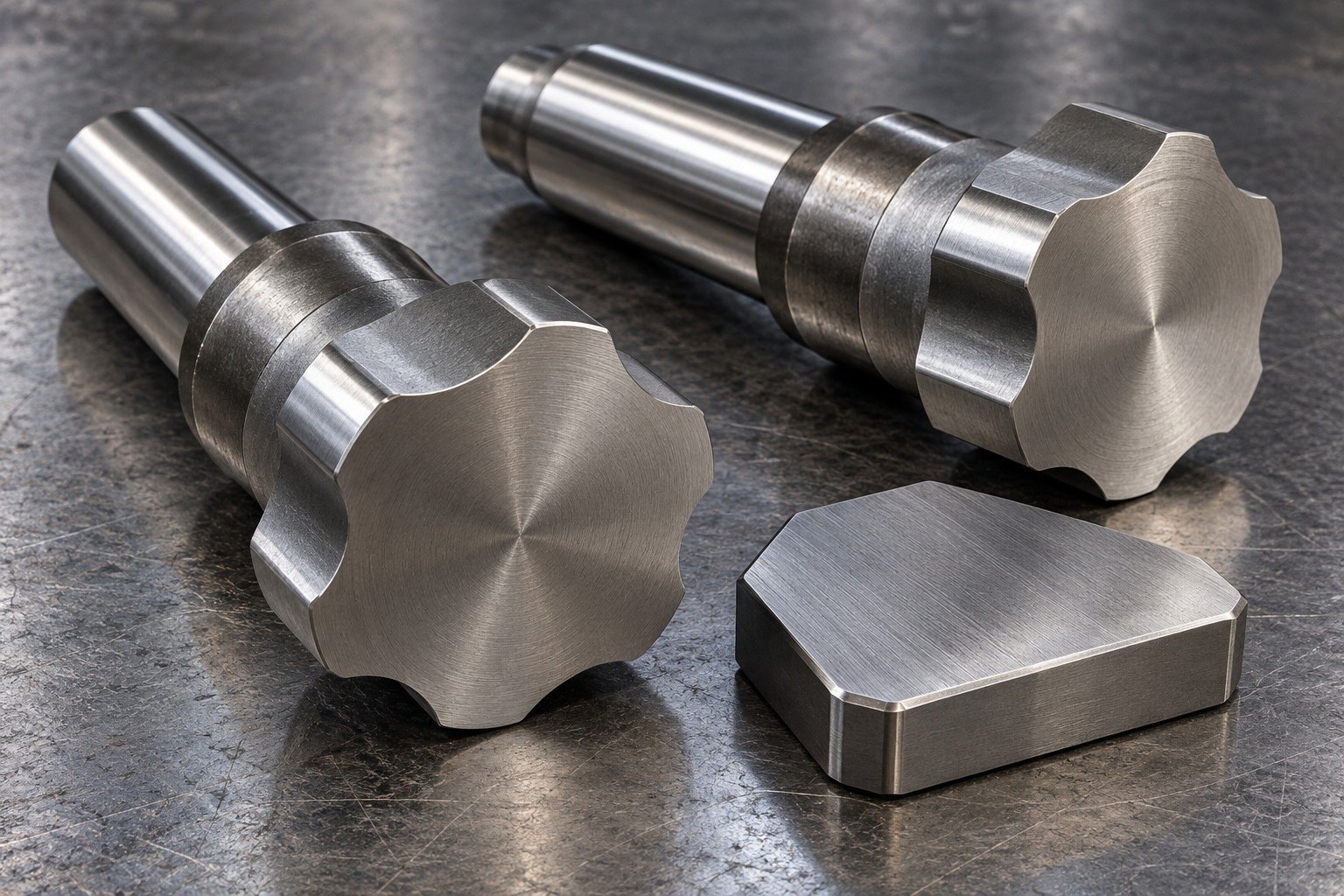 Two blunt cylindrical high-speed tooling form blanks with broad short lobed heads and supported shanks, one polygonal wear pad — illustrative generated component concept