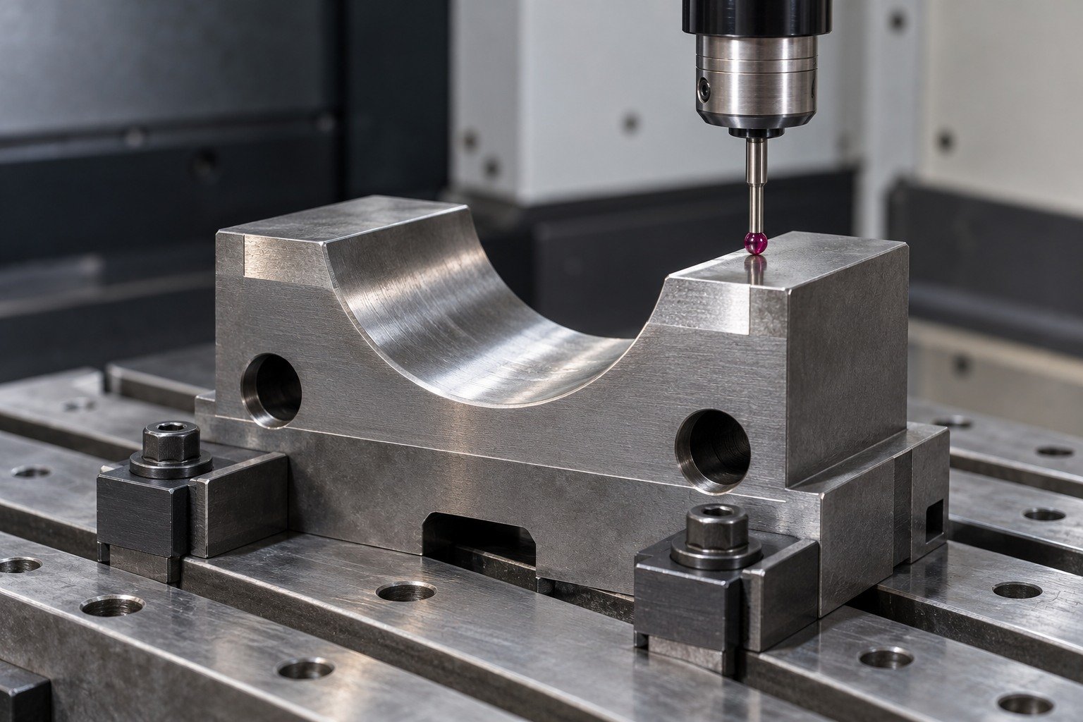 Stout saddle tool on a stable fixture;short ruby probe contacts an exposed broad upper reference pad with physical clearance. — illustrative generated component concept