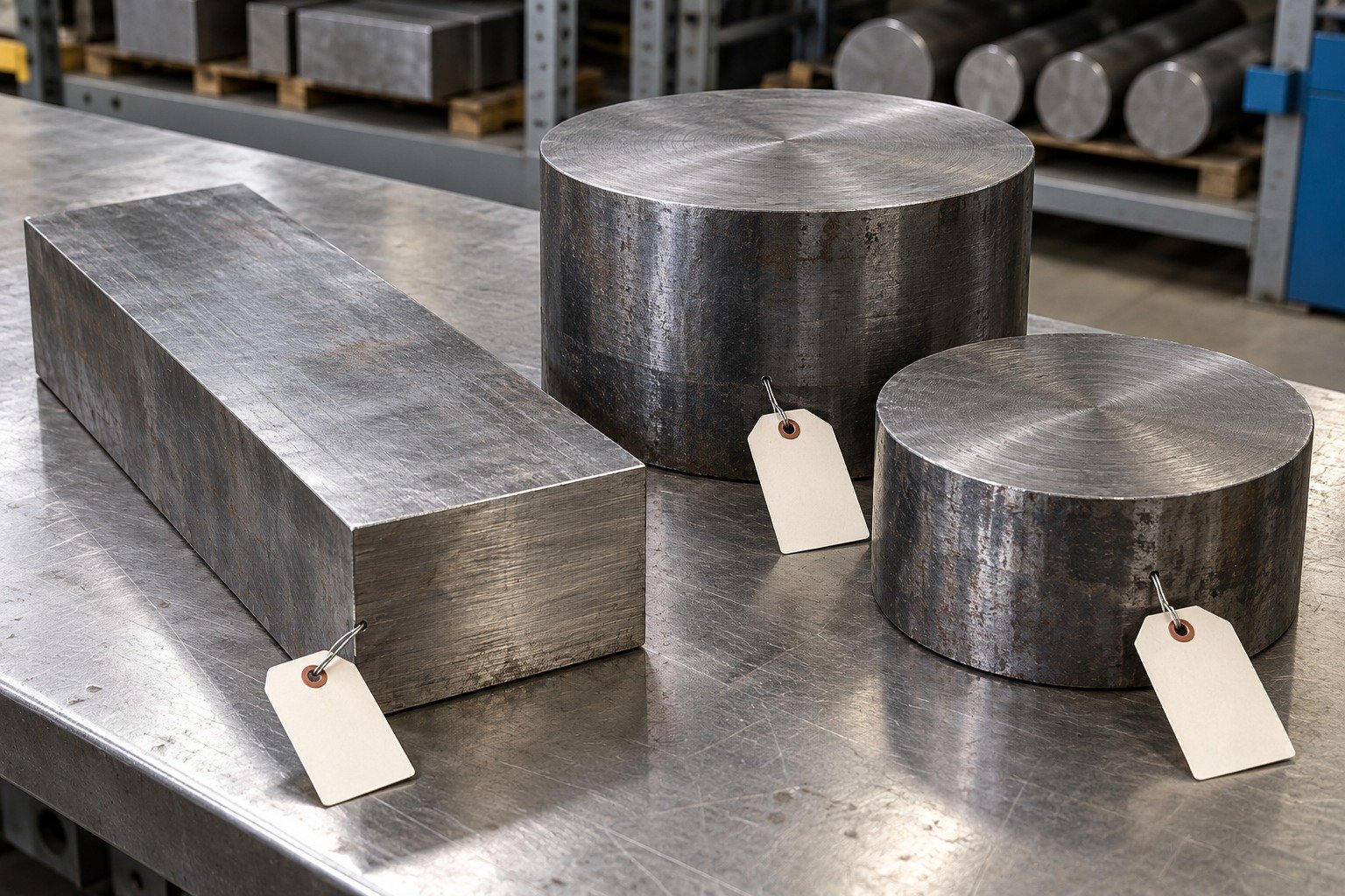 One short rectangular steel stock blank and two thick round cutoffs on clean receiving bench, blank inventory tags with no readable text. — illustrative generated component concept