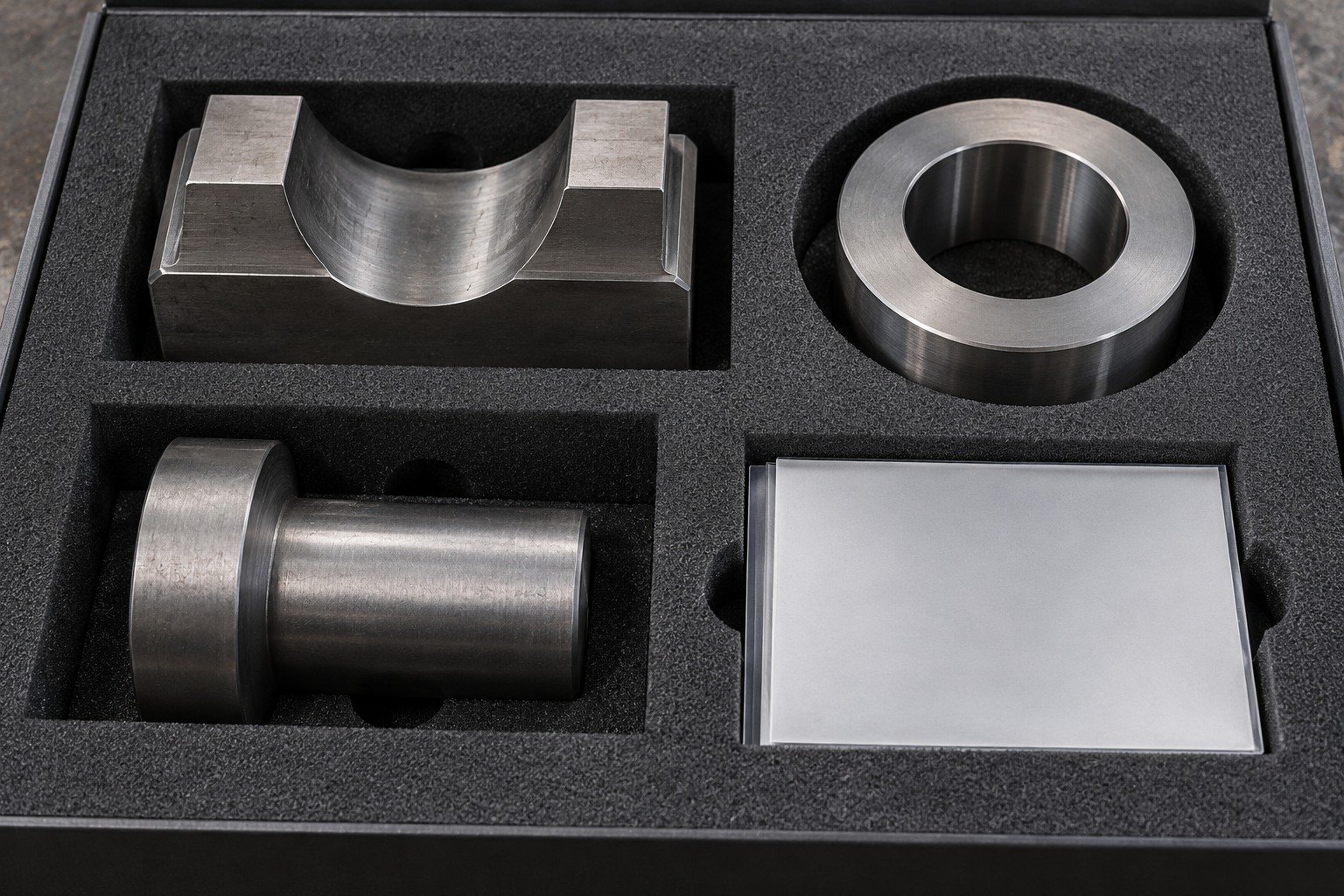 Fitted dark grey foam tray with separate pockets holding stout saddle insert, thick wear collar and blunt headed form blank, blank document sleeve. — illustrative generated component concept