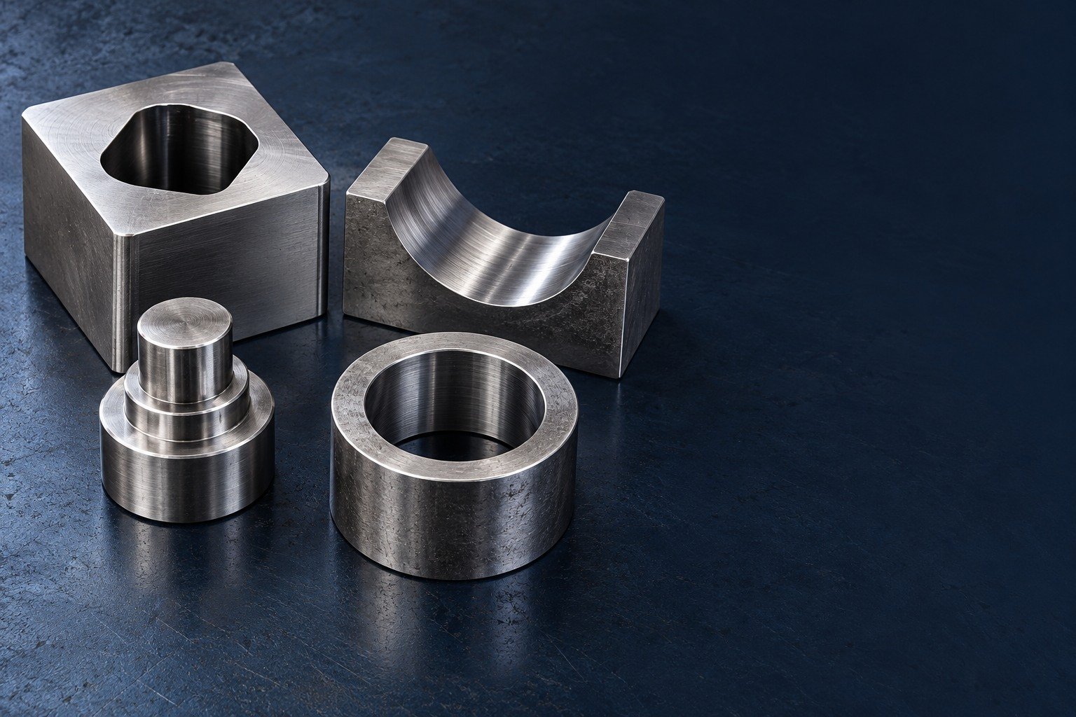 Wide catalog arrangement on LEFT half of dark navy workbench: stout square die insert with offset rounded hexagonal bore, broad semicircular forming saddle, short stepped blank and thick cylindrical wear collar — illustrative generated component concept