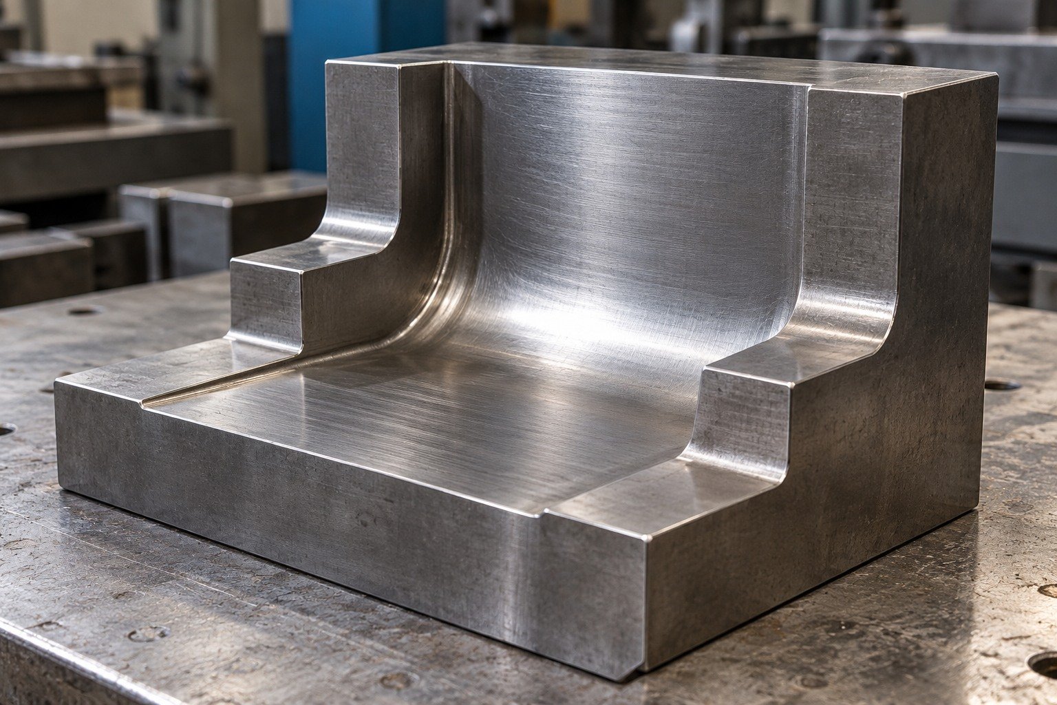 Macro of stout stepped forming block with broad smooth inner radius transition and substantial backing wall, realistic machining texture. — illustrative generated component concept