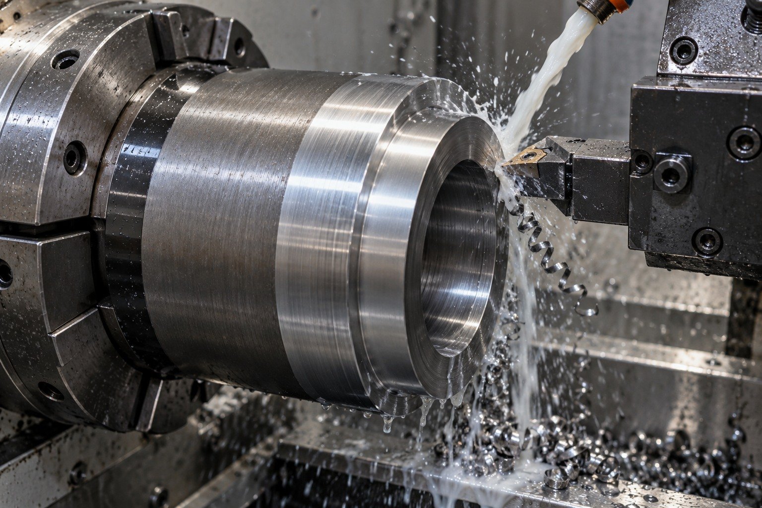 Thick cylindrical wear collar held in collet lathe, carbide tool cuts a broad outside shoulder with milky cutting-fluid stream and natural wet chips. — illustrative generated component concept