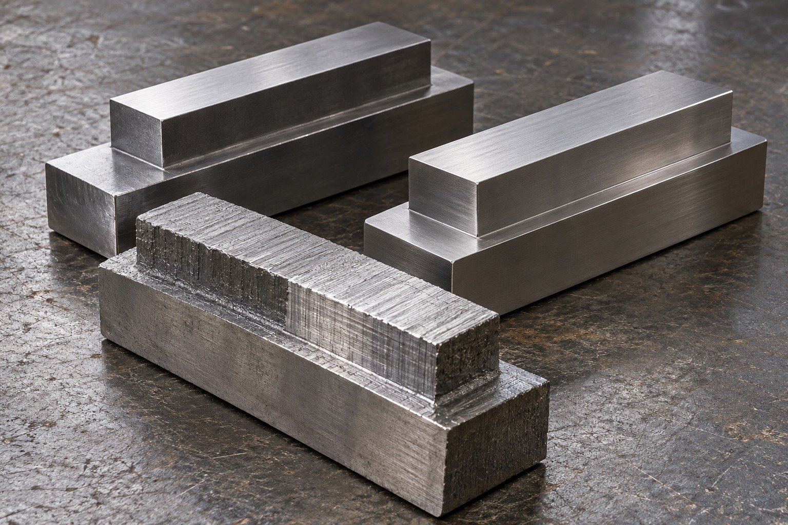 Three stout stepped rectangular wear keys with unequal mounting lands, one partially rough-machined and two with distinct ground surfaces. — illustrative generated component concept