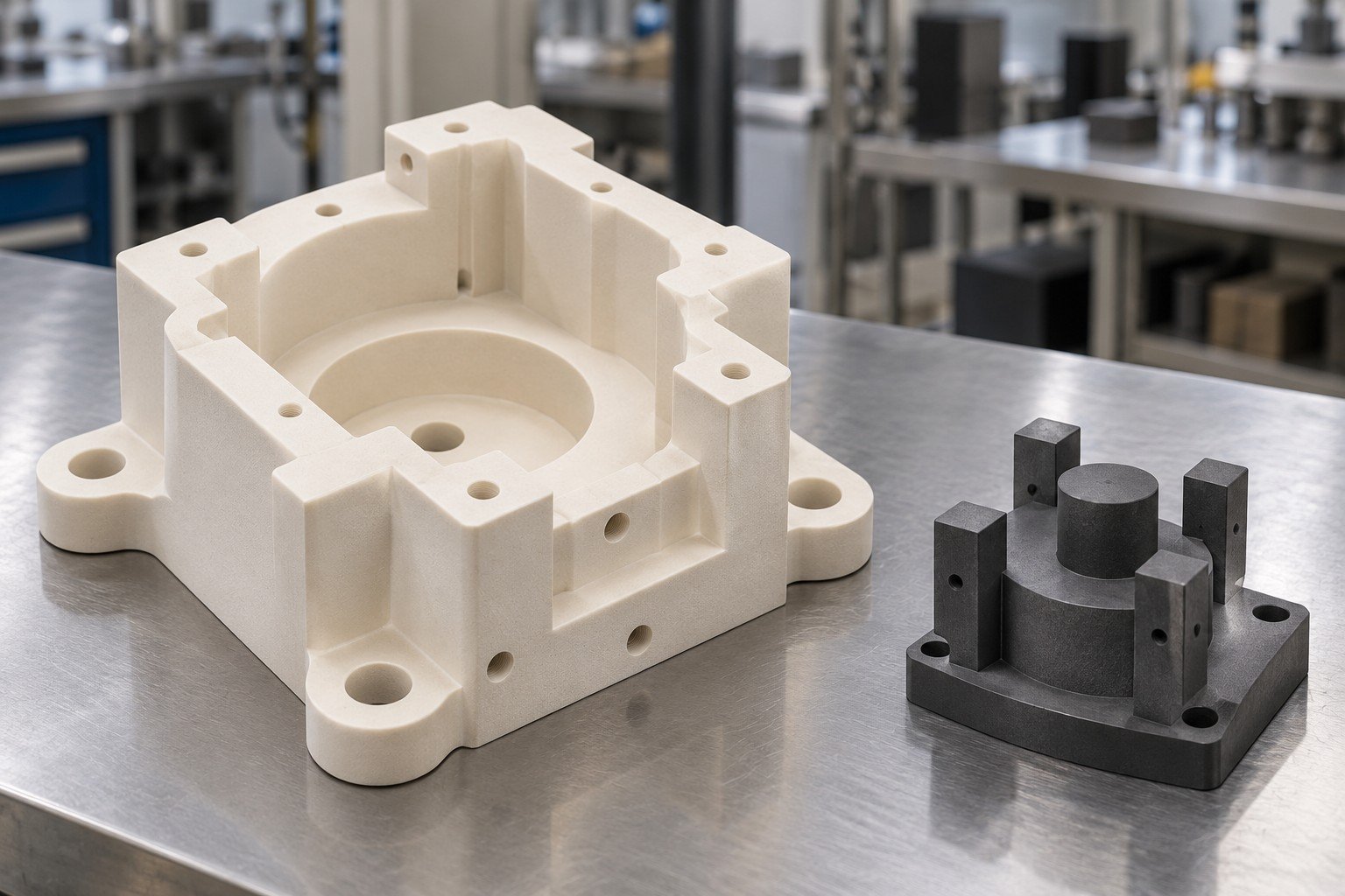 Illustrative ceramic fixture and graphite insert concepts; not grade identification or actual customer parts