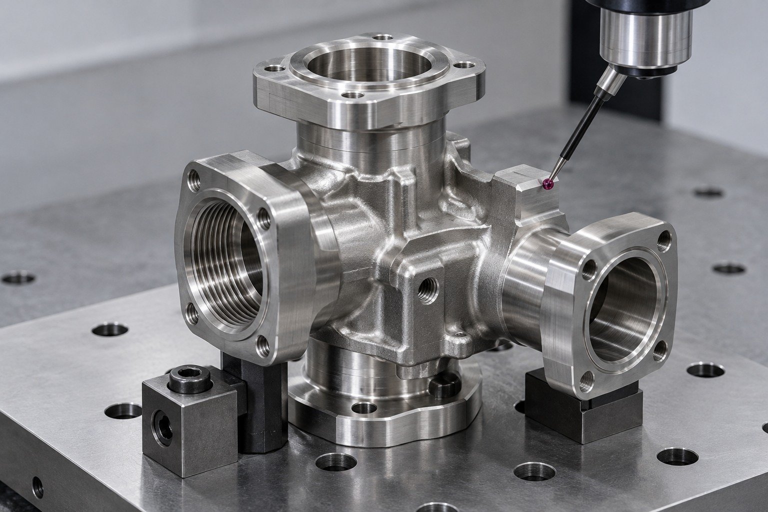 Multiport valve body with probe inspecting a datum pad — illustrative specialty stainless steel component concept