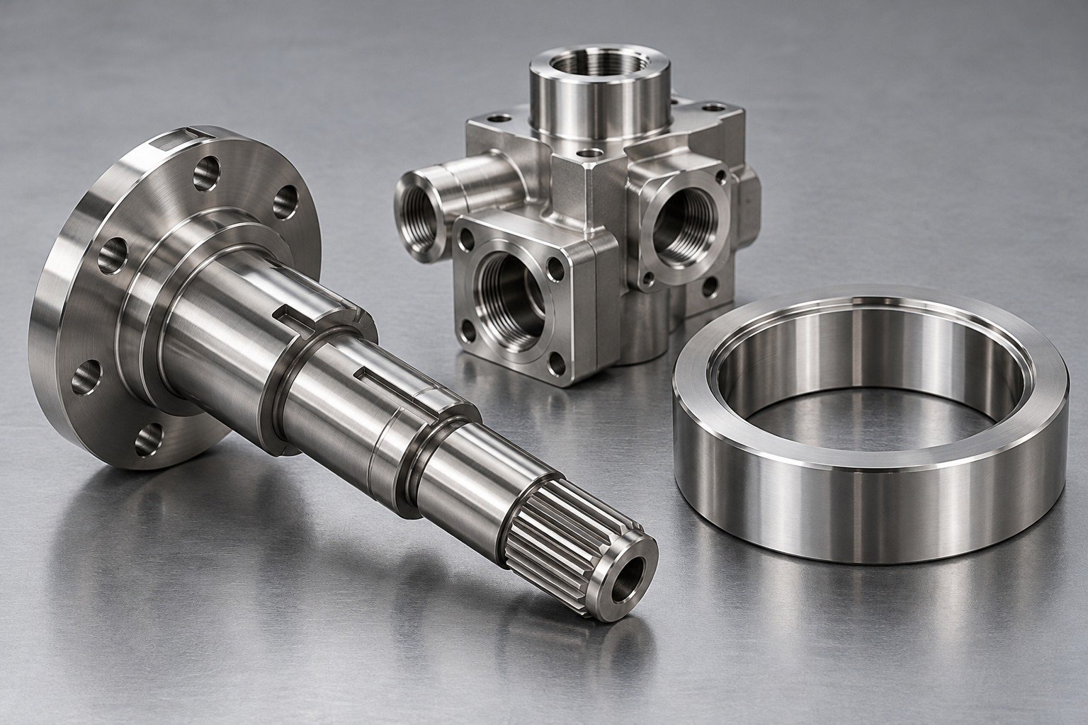 Custom stepped shaft, fluid manifold and bearing race — illustrative specialty stainless steel component concept