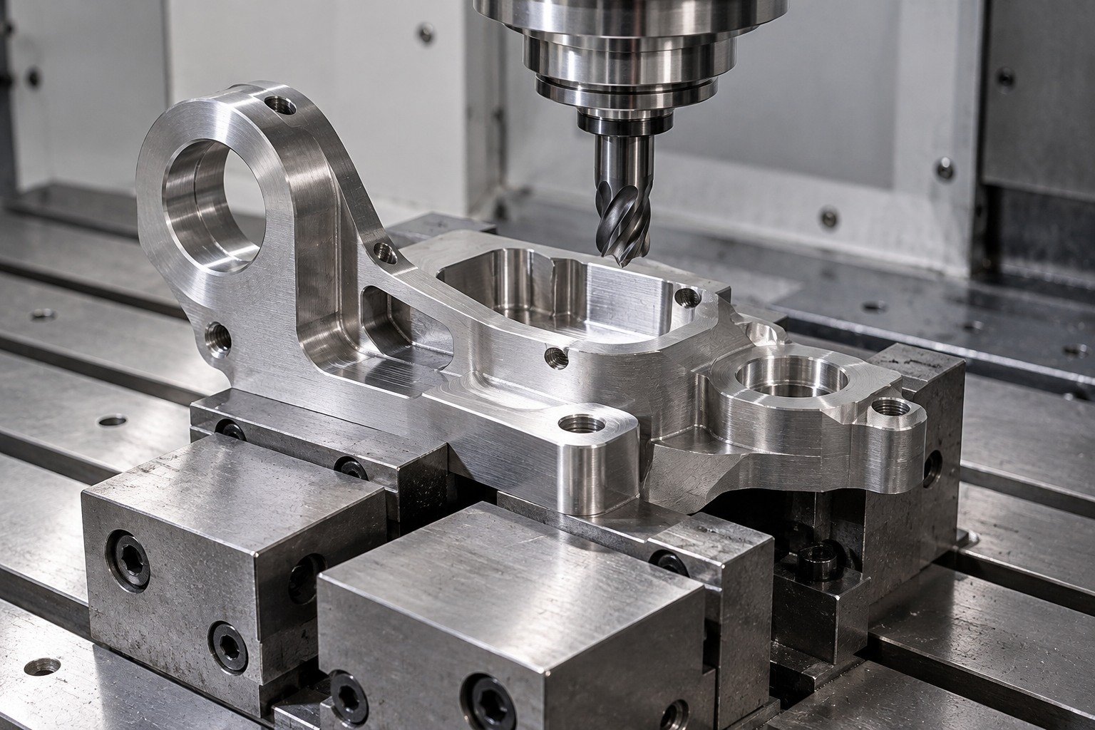 Complex two-level actuator bracket on CNC fixture — illustrative specialty stainless steel component concept