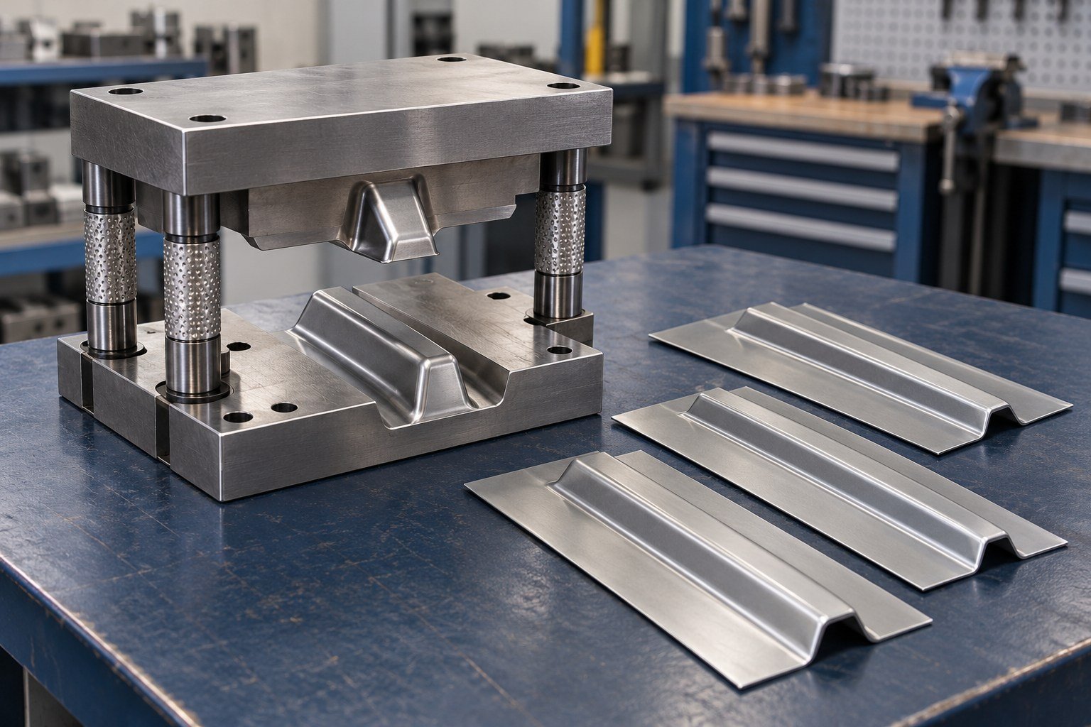 Illustrative tooling concept: Open single-station embossing die with ribbed sheet-metal trial parts