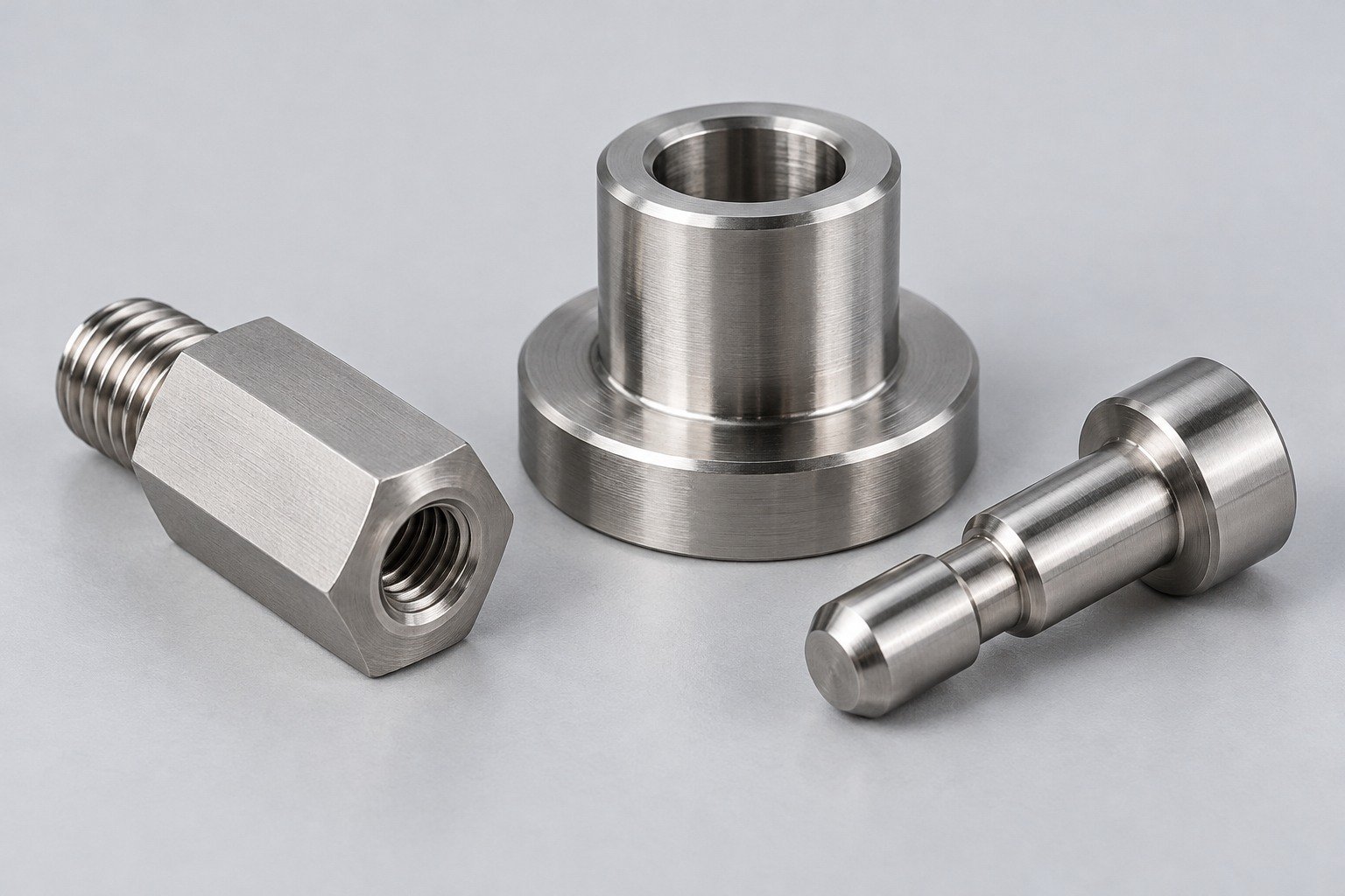 Illustrative stainless steel threaded adapters and locating pin concept