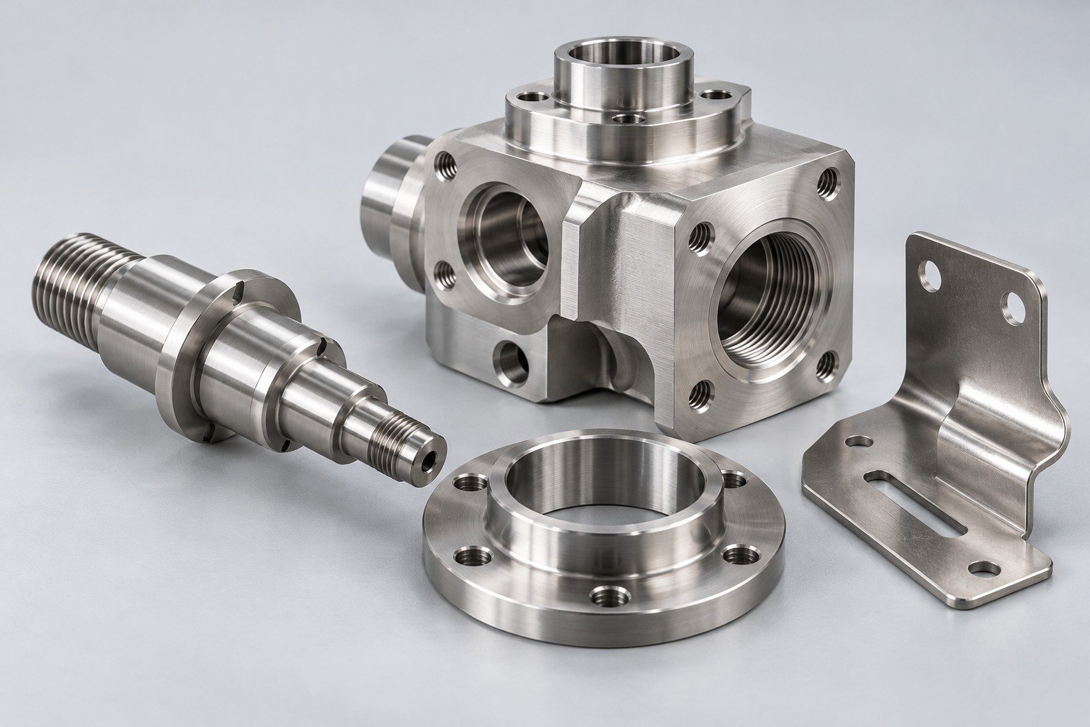 Machined shaft, flange, valve body and bent stainless steel bracket — illustrative stainless steel component concept