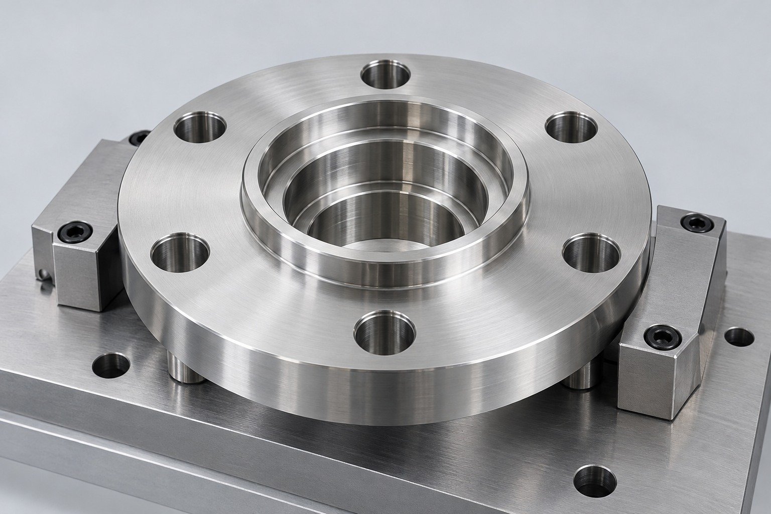 Stainless steel precision flange on inspection fixture — illustrative stainless steel component concept