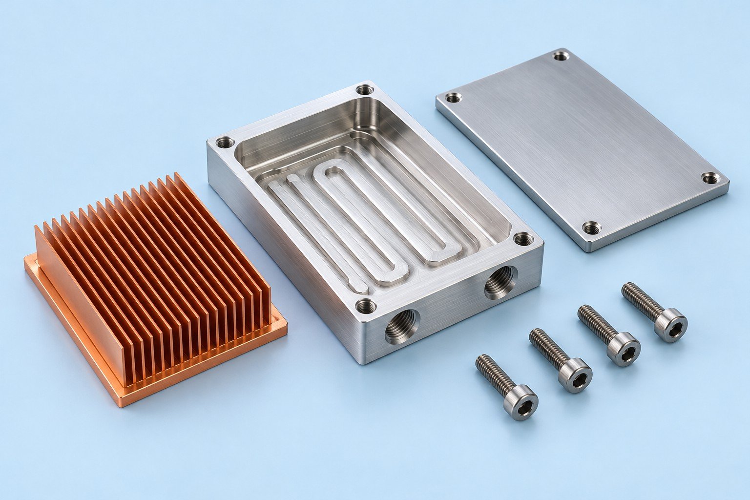Illustrative copper fin insert, aluminum cold plate base and separate cover assembly; not a customer part