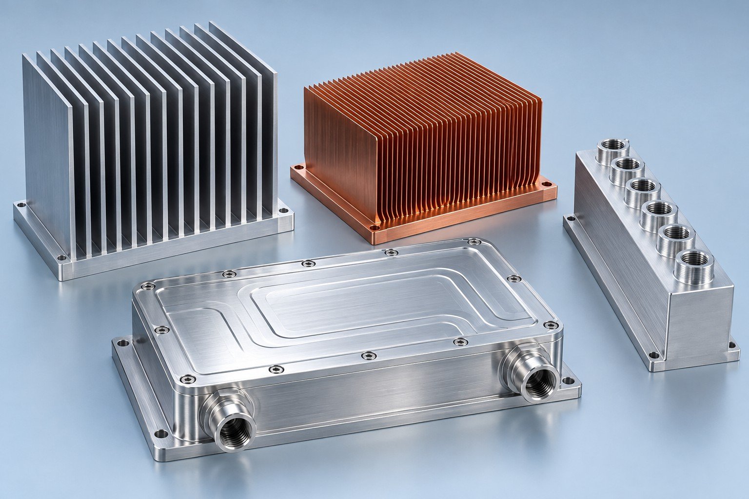 Illustrative aluminum heat sink, copper fin sink, cold plate and coolant manifold concepts