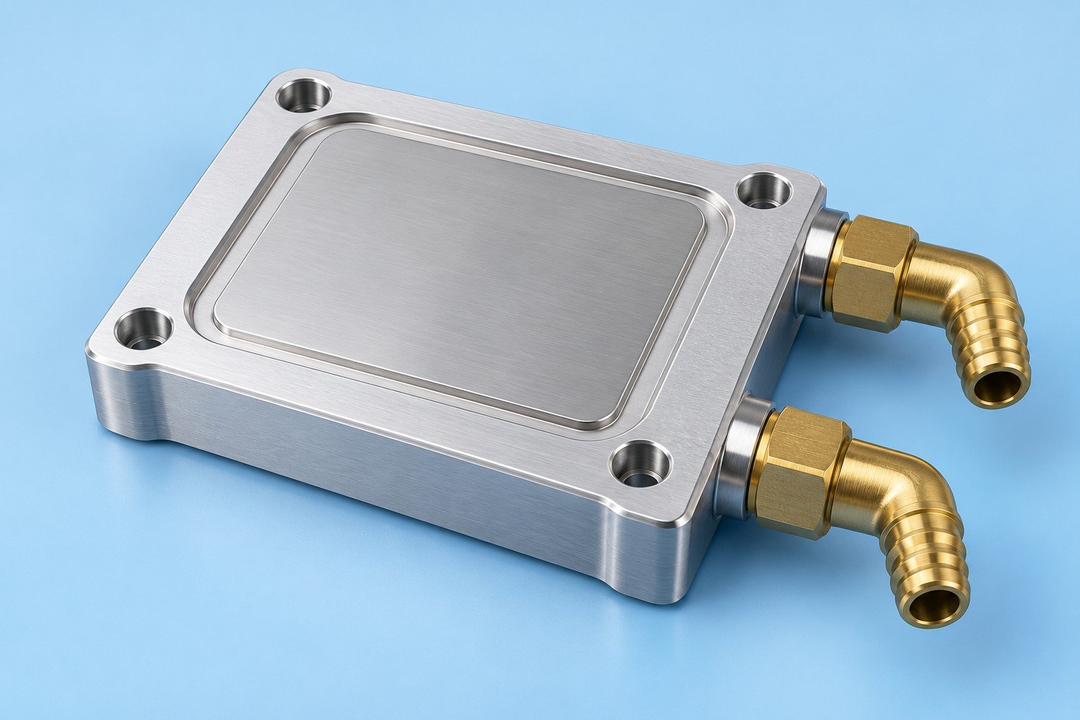 Illustrative closed liquid cold plate with connector fittings