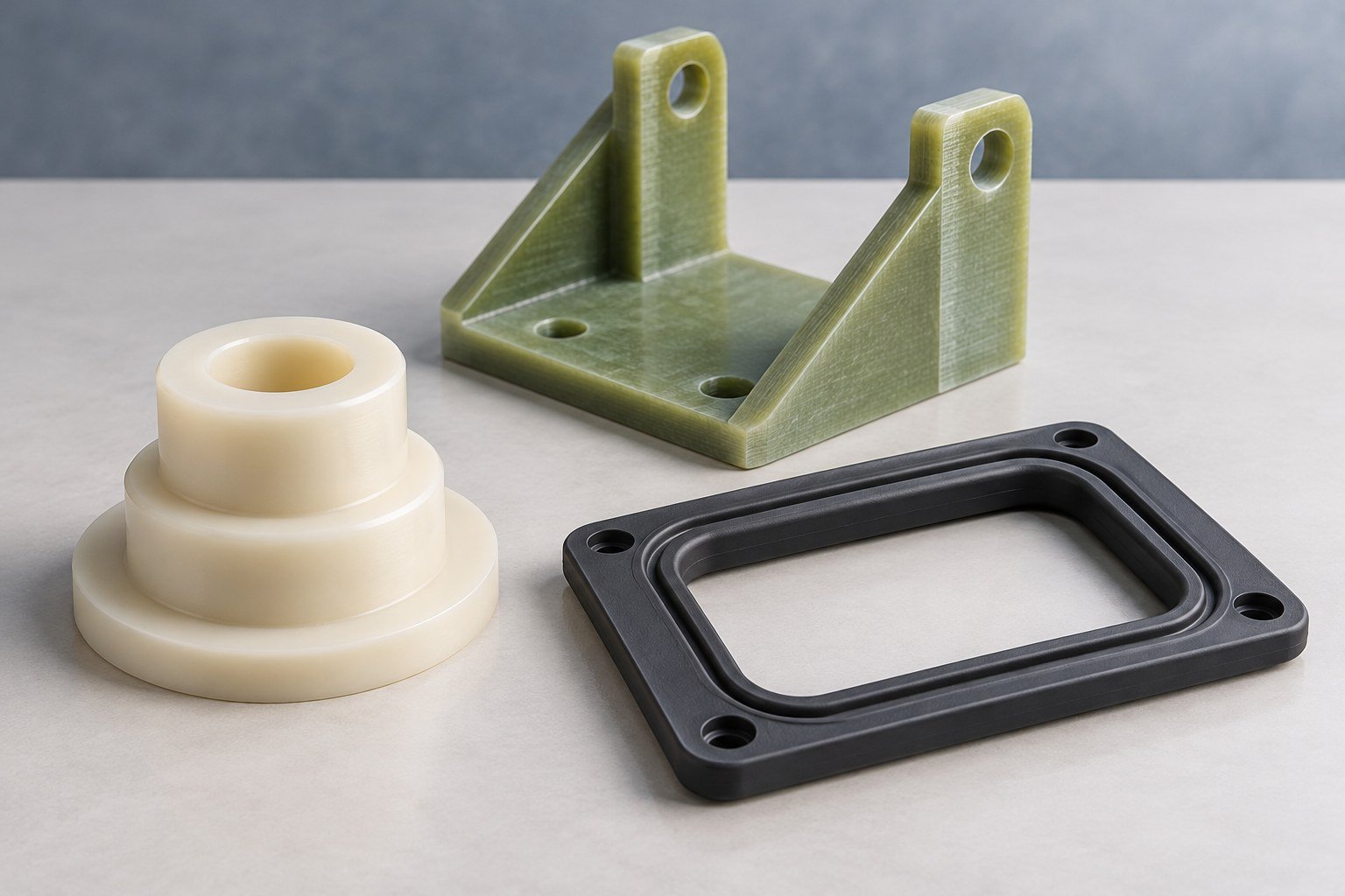Generated material-selection concept: thermoplastic bushing, cured silicone seal and laminate support; not documentary customer parts.