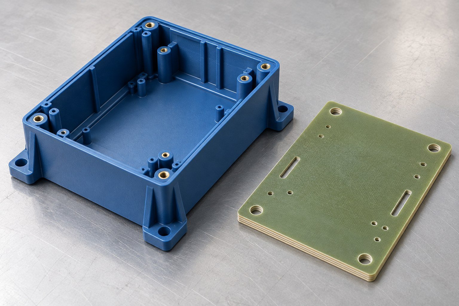 Generated comparison concept showing a blue thermoplastic enclosure and green glass-epoxy laminate plate; not documentary customer parts.