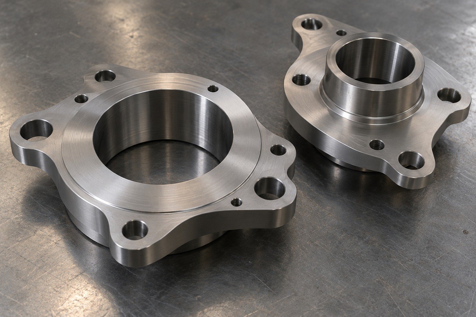 Two satin grey titanium flange concepts with different asymmetric bolt patterns,large central bores and broad sealing lands,one offset stepped connector. — illustrative generated component concept