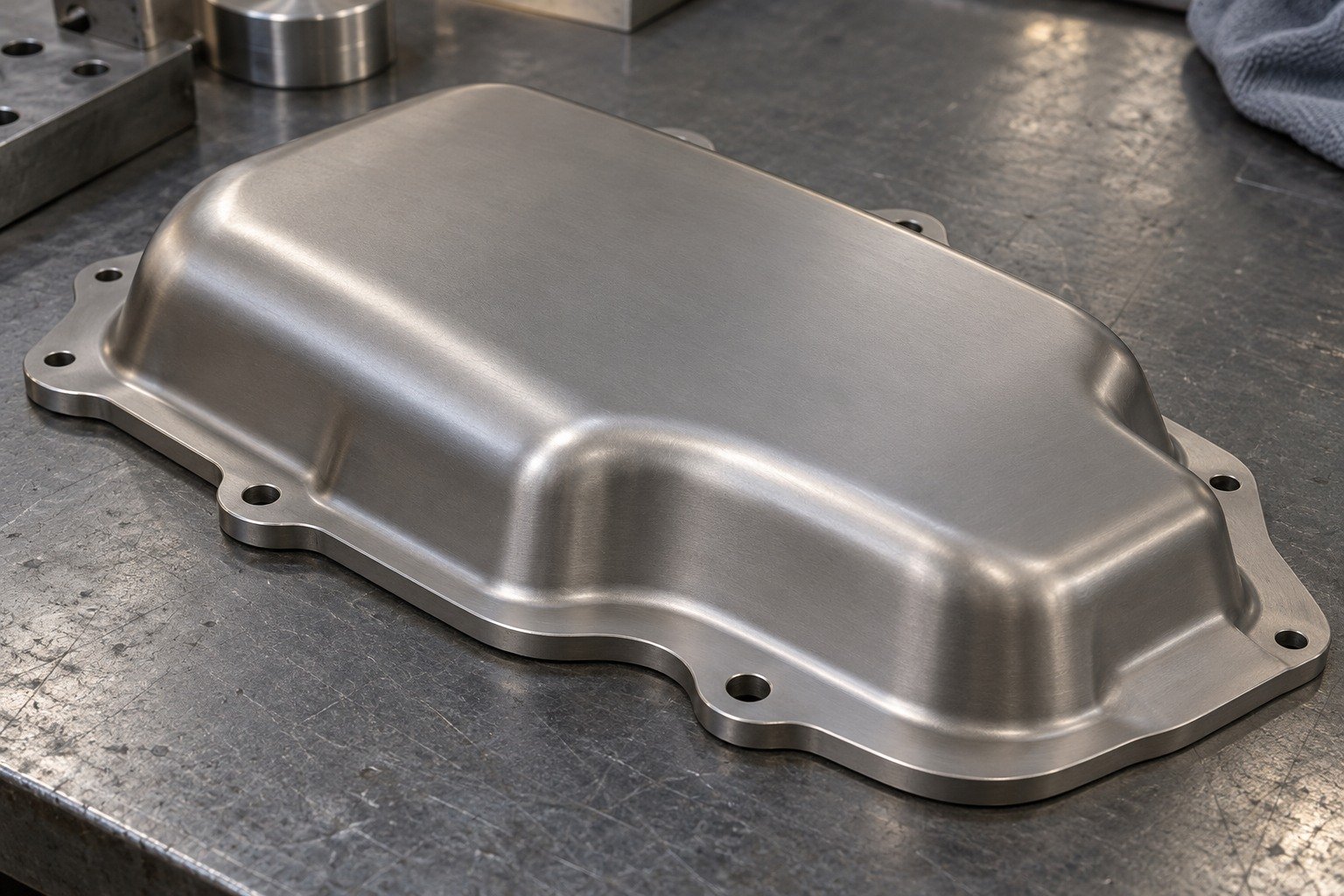 Shallow formed titanium cover with broad rounded bends and offset flange mounting holes,satin grey,on workshop bench,no claim of actual delivered part. — illustrative generated component concept