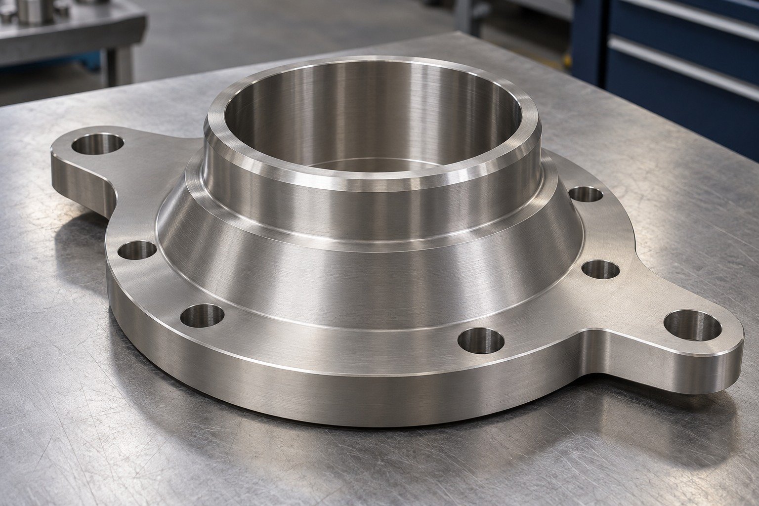 Titanium process-equipment flange concept with broad stepped neck,asymmetric mounting ears and smooth large central bore,no equipment certification markings. — illustrative generated component concept