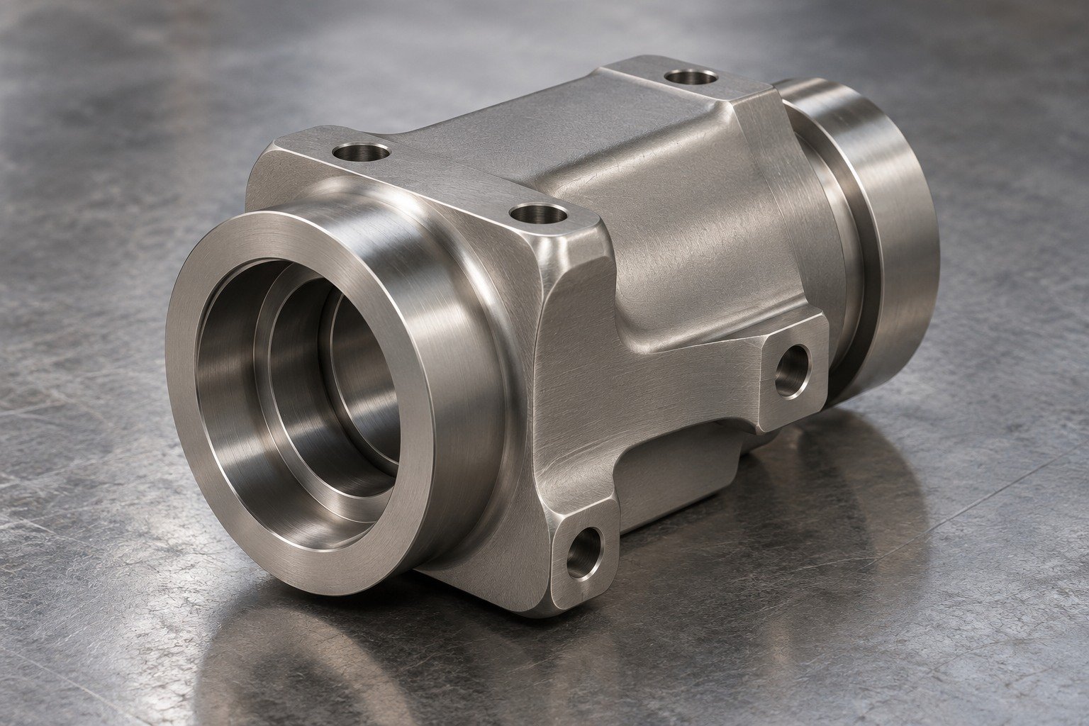 Distinct titanium precision coupling block with two stepped coaxial bores,offset mounting flats and generous external fillets,no implant or medical symbols. — illustrative generated component concept