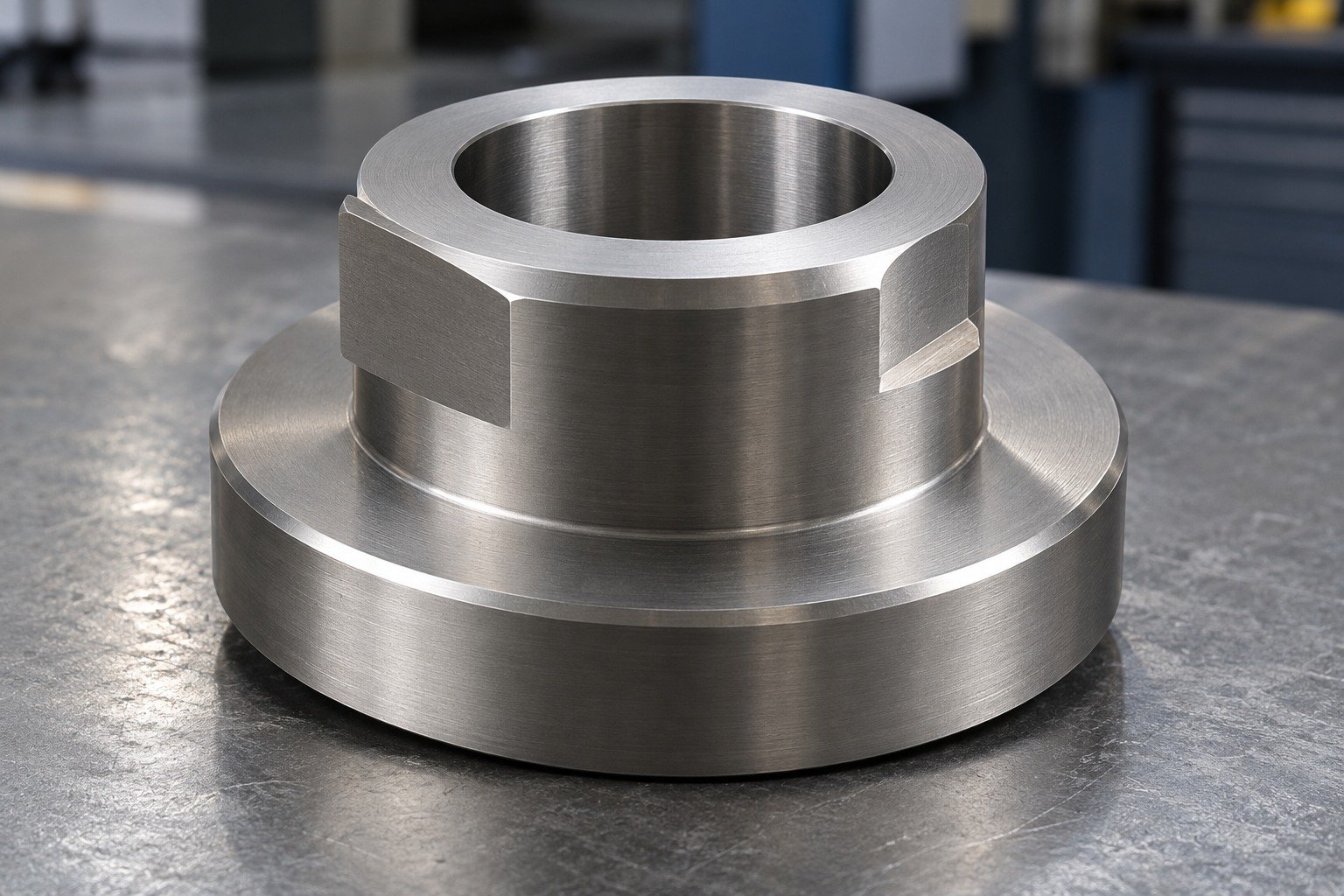 Distinct thick titanium stepped spacer with two unequal external flats,large central bore and broad supporting shoulder. — illustrative generated component concept
