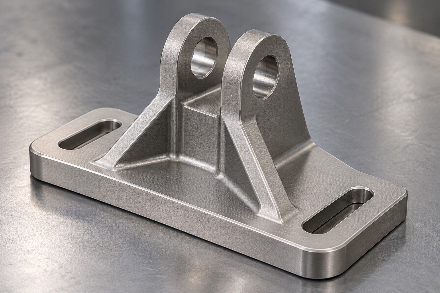 Distinct titanium ribbed angle bracket with broad rectangular base,one stout clevis lug pair and two elongated mounting slots,satin grey. — illustrative generated component concept