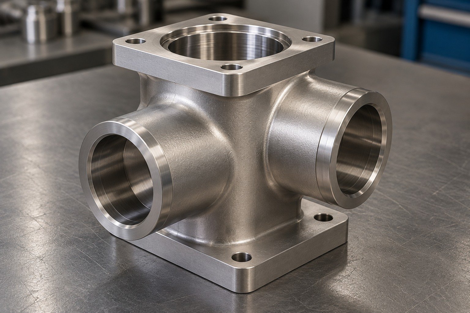 Titanium valve-body connector concept with intersecting accessible bores,broad square mounting flange and rounded external transitions,no pressure-rating markings. — illustrative generated component concept