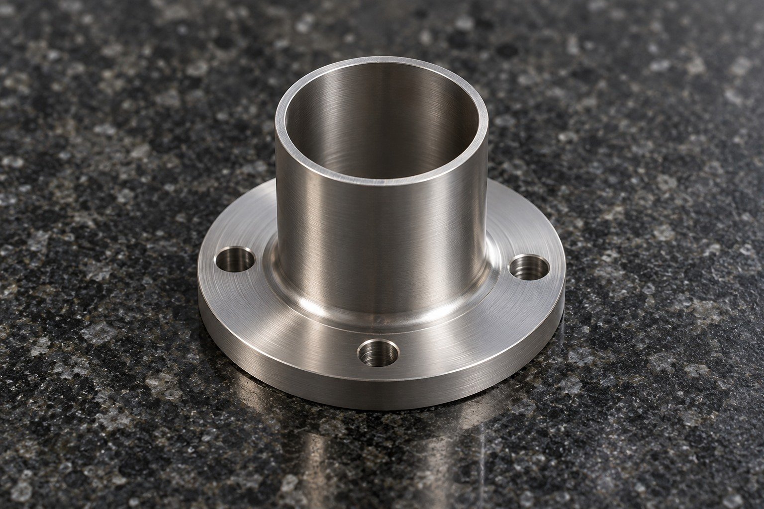 Short thin-wall titanium tube fitting with broad circular mounting collar and clean supported edges,on dark granite bench. — illustrative generated component concept