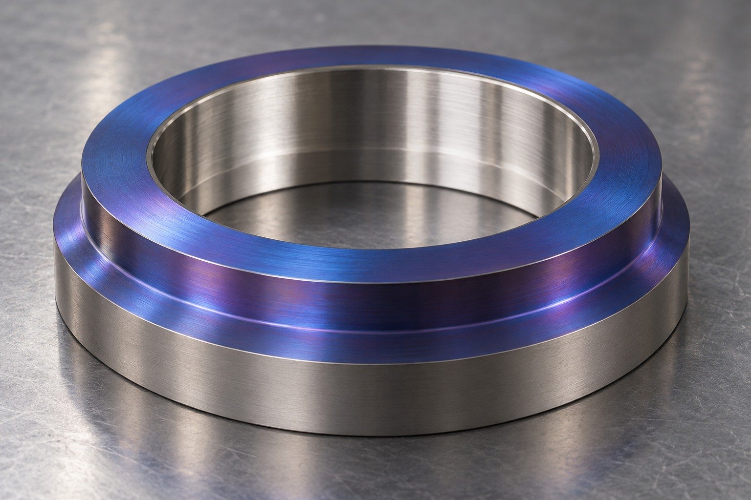 Titanium stepped ring coupon with restrained blue-violet anodized appearance on outer face and bright masked bore,appearance concept only. — illustrative generated component concept