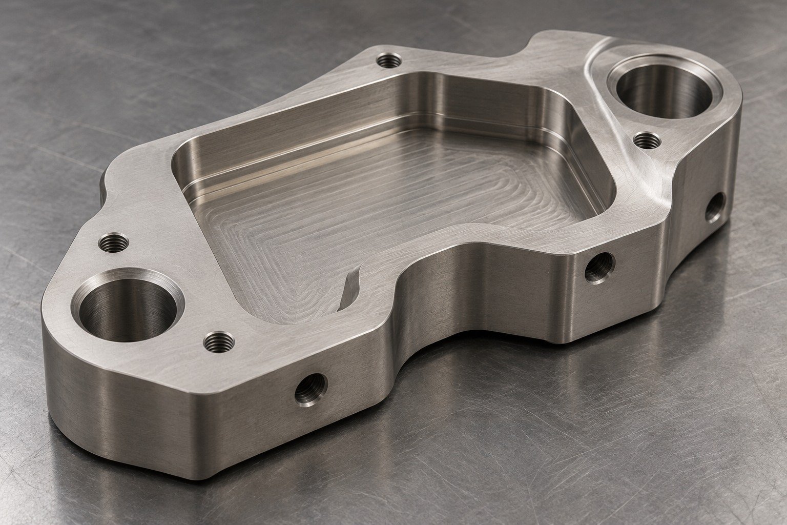 Thick asymmetric titanium coupon with broad recessed pocket and clear subtle real milling texture,satin grey. — illustrative generated component concept