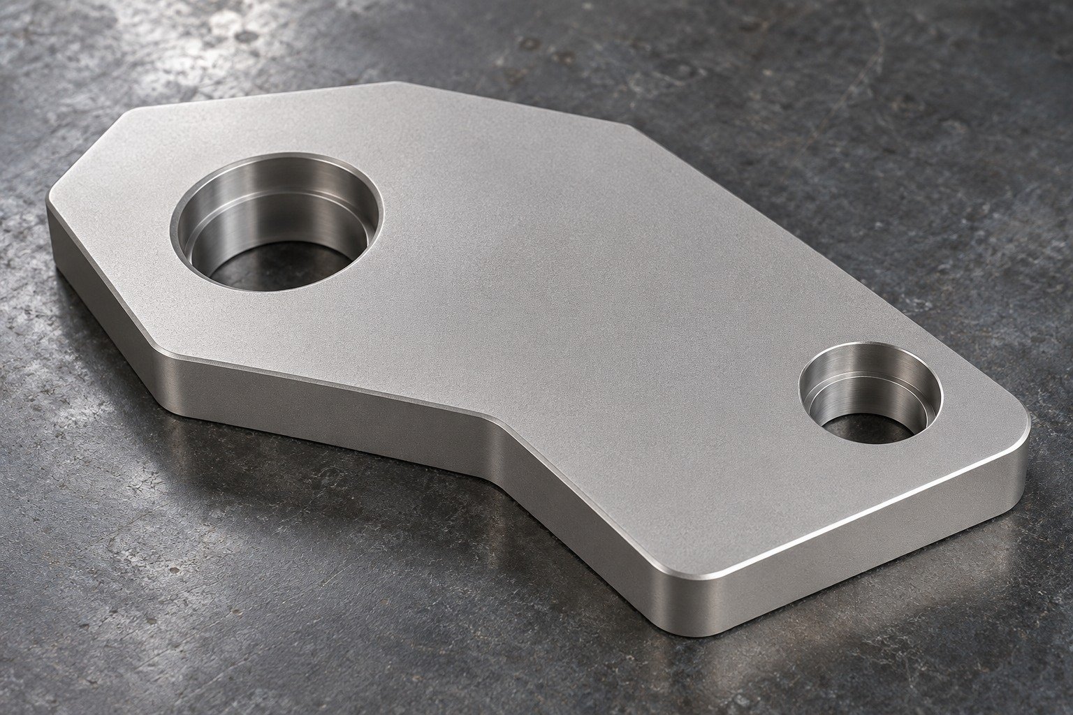 Broad titanium polygonal coupon with uniform matte grey bead-blasted appearance,two offset bores and clean edge radii. — illustrative generated component concept