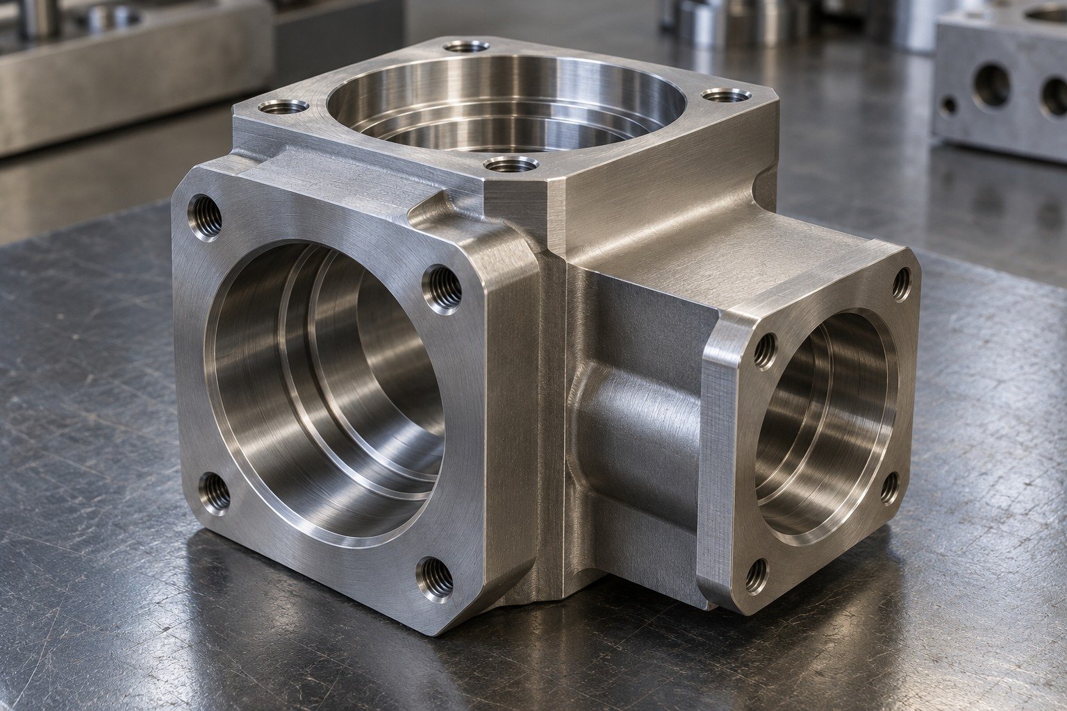 Complex titanium connector block with two perpendicular stepped bores and broad locating lands,accessible realistic geometry. — illustrative generated component concept