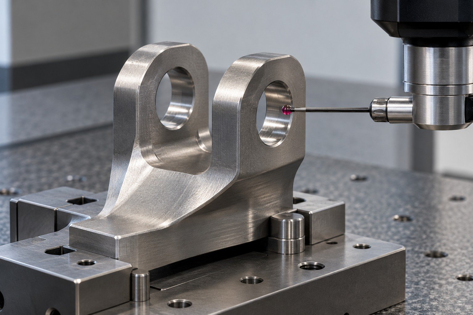 Titanium clevis on stable metrology fixture;short ruby stylus contacts reachable lug bore wall with physical probe clearance. — illustrative generated component concept