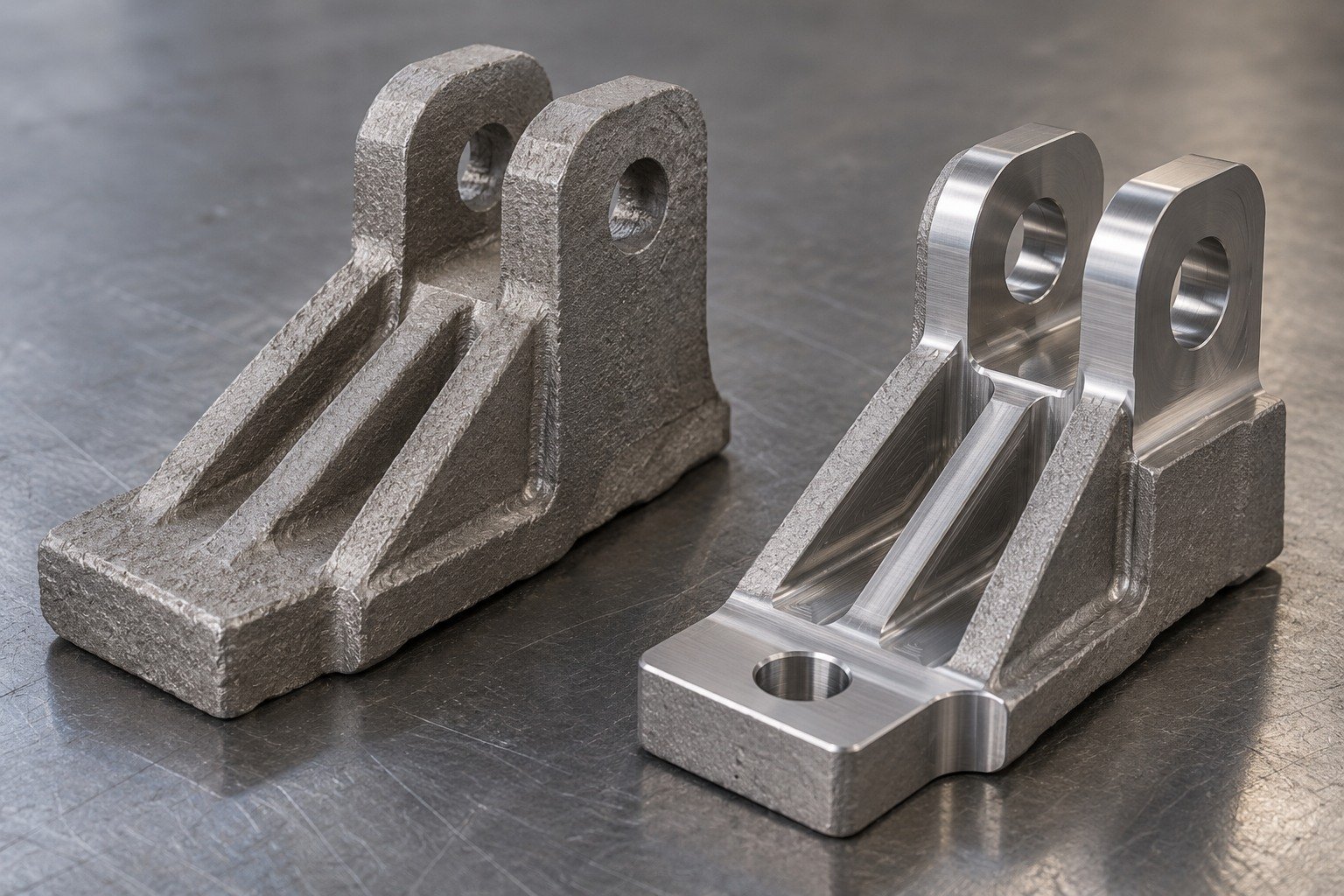 One rough titanium ribbed bracket blank next to one partly machined clevis retaining broad stock pads and one finished mounting land. — illustrative generated component concept