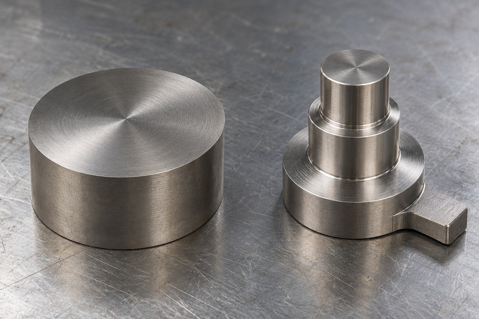 Two compact titanium connector blanks,one broad round stock slug and one stepped machined blank with retained locating stock,blank tags. — illustrative generated component concept