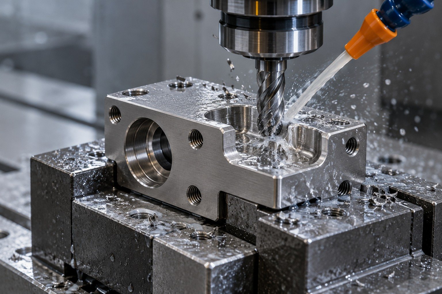 Compact titanium connector block clamped in vise;end mill cuts an open rounded side pocket under localized cutting fluid. — illustrative generated component concept
