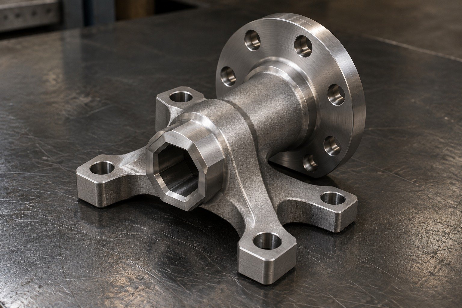 Illustrative custom titanium mounting yoke, flange and precision connector concept