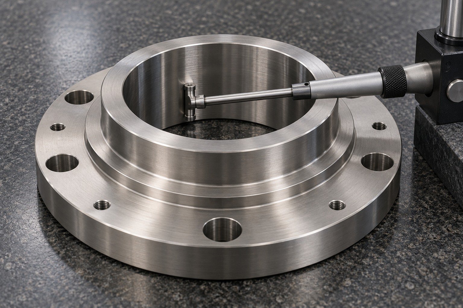 Titanium stepped flange on granite with compact bore gauge inside the broad central opening,plausible contact and no readouts. — illustrative generated component concept