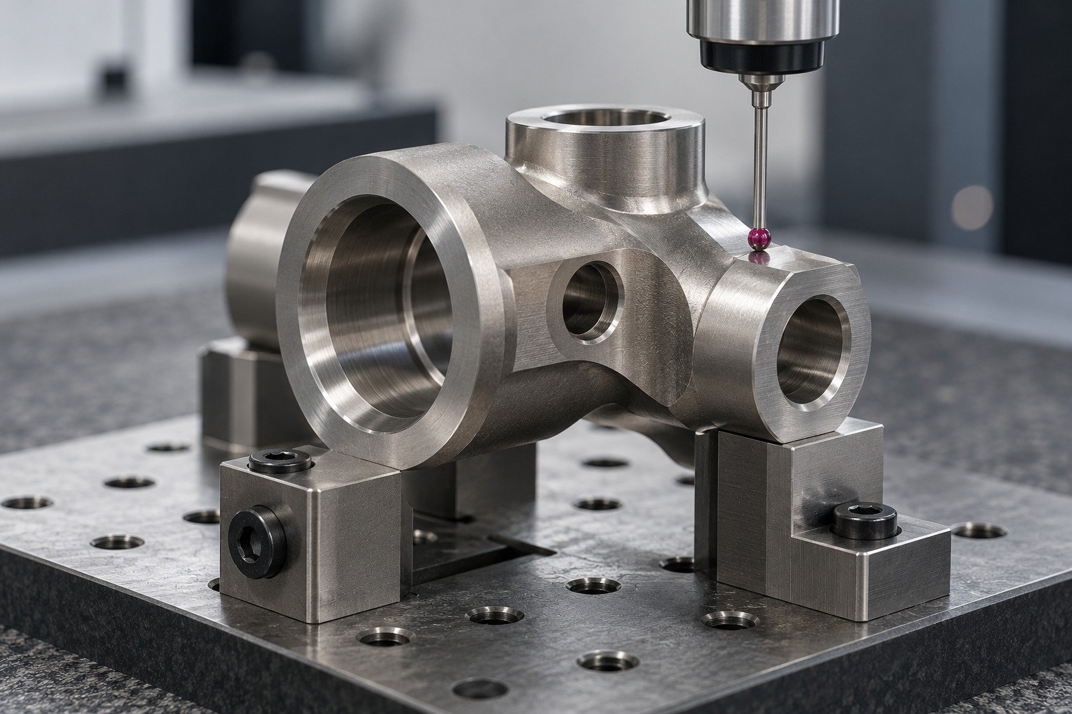 Compact titanium connector with asymmetric stepped holes on stable fixture;ruby CMM probe touches an accessible broad outer datum. — illustrative generated component concept