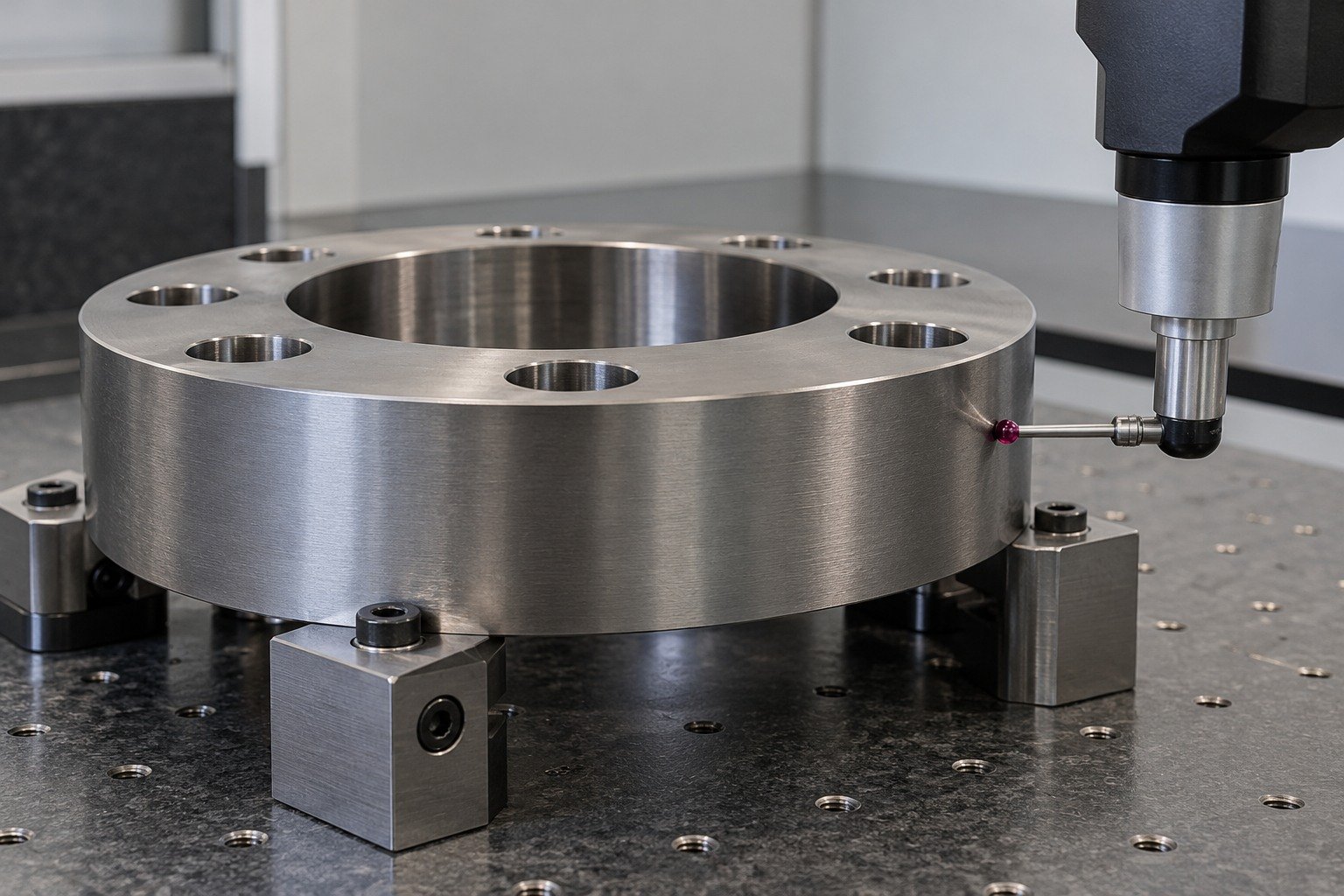 Thick titanium flange on a stable CMM fixture;short ruby stylus contacts an accessible outside cylindrical reference face,with the probe head physically clear. — illustrative generated component concept