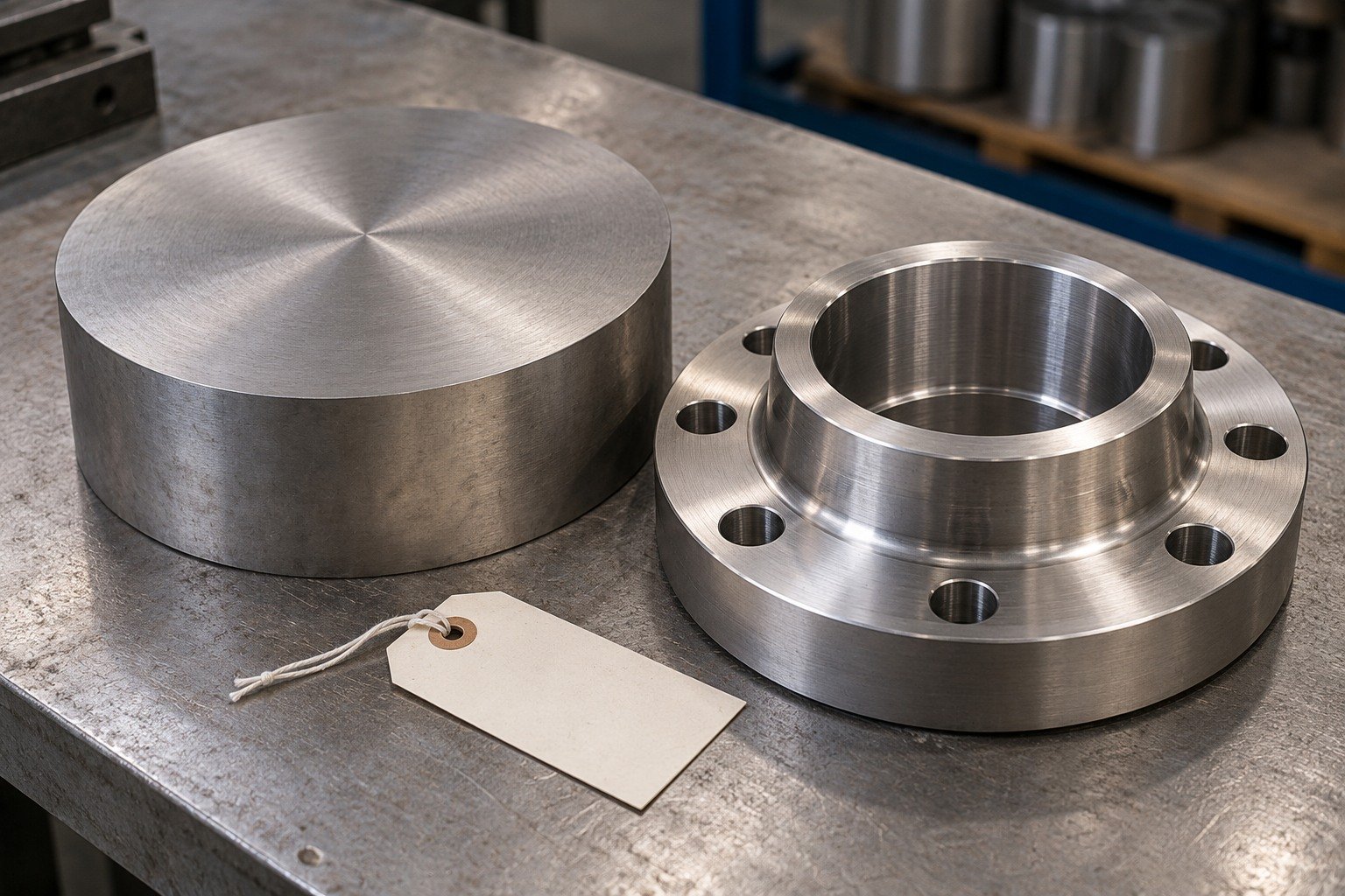 A broad round titanium cutoff next to a partly machined thick flange with retained sealing-face stock,blank paper inventory tag. — illustrative generated component concept