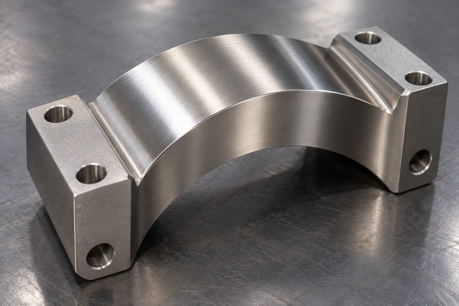 Titanium curved coupling coupon with restrained polished silver-grey outer face and satin unpolished mounting flats,no mirror distortion. — illustrative generated component concept