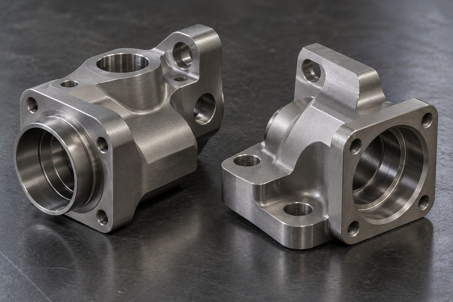 Two asymmetric satin grey titanium precision connector blocks with stepped bores,broad mounting lands and rounded external transitions,no implants or medical marks. — illustrative generated component concept