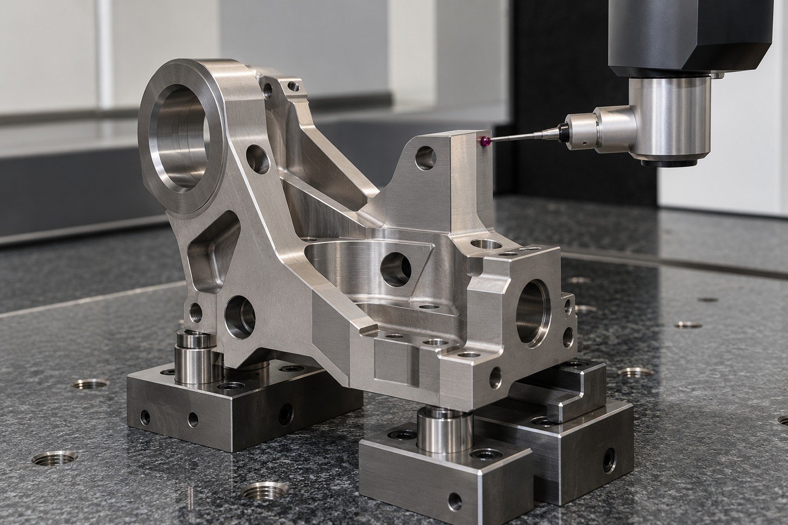 Complex asymmetric titanium mounting block on stable CMM fixture;ruby probe contacts reachable external locating plane,no screens. — illustrative generated component concept