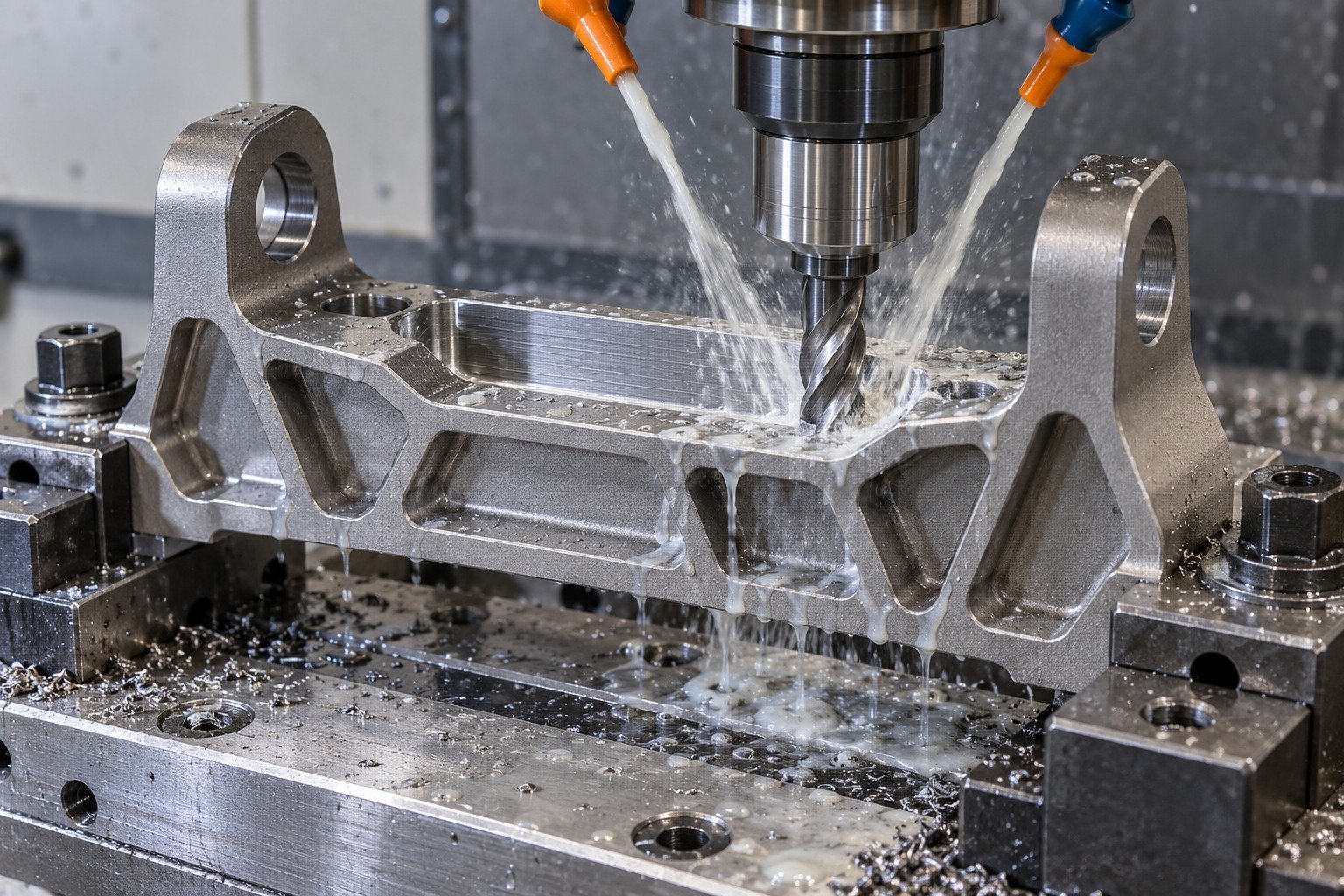 Distinct titanium ribbed mounting bracket with two stout lugs clamped securely;end mill cuts open broad side relief under visible cutting fluid. — illustrative generated component concept