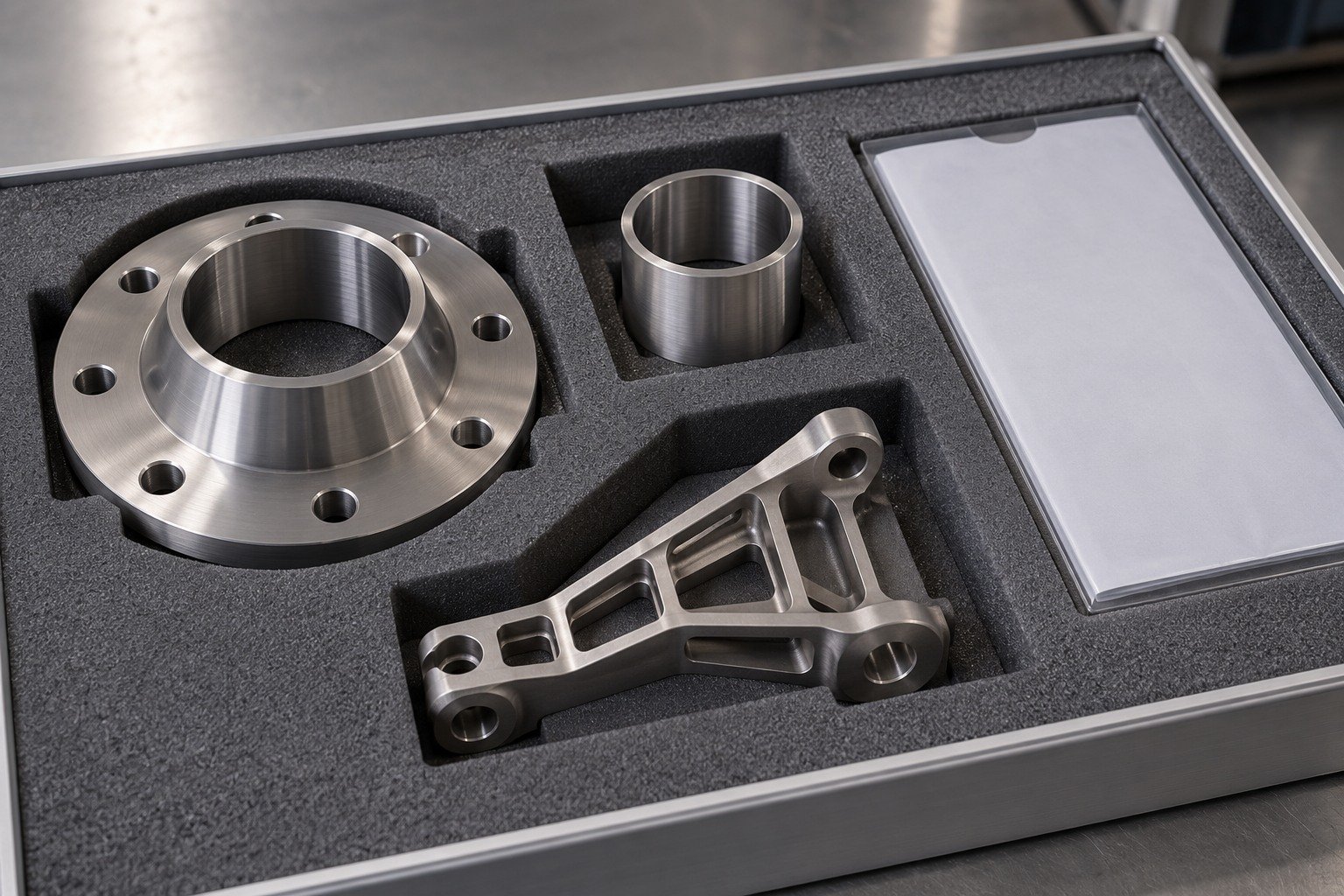 Fitted grey foam tray with separate pockets containing titanium flange,short thin-wall coupling and ribbed bracket,blank document sleeve. — illustrative generated component concept