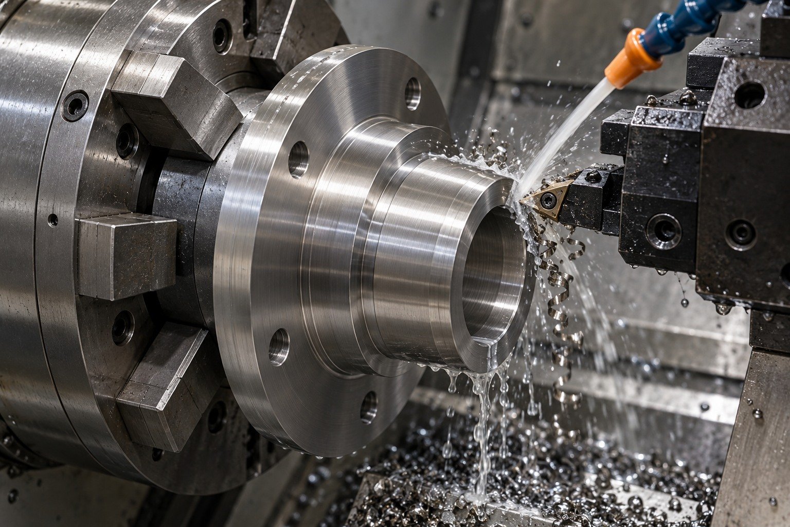Distinct titanium stepped flange in lathe chuck;carbide tool cuts a wide accessible shoulder with localized coolant and wet chips. — illustrative generated component concept