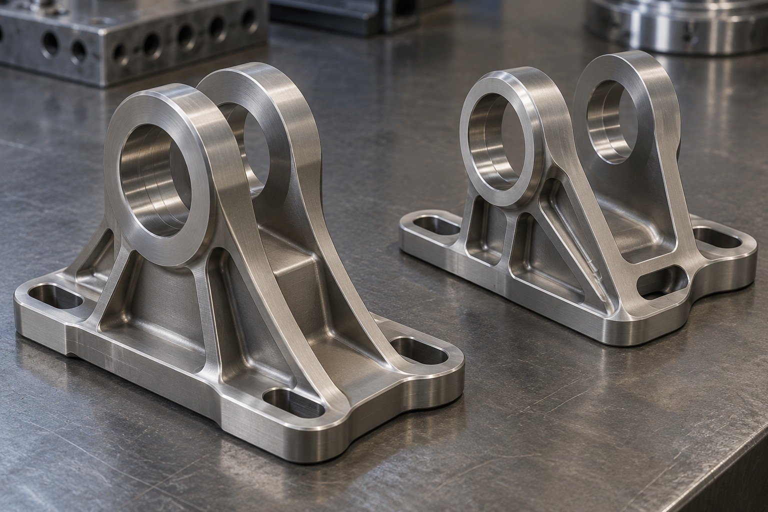 Two distinct ribbed satin grey titanium clevis bracket concepts with stout supported lugs,large coaxial bores and offset mounting slots. — illustrative generated component concept